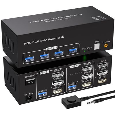 NÖRDIC KVM-kytkin 2 PC 3 näyttöä 8K60Hz 4K144Hz Kolmoisnäyttö 2xDP 1xHDMI 4xUSB 3.0 porttia