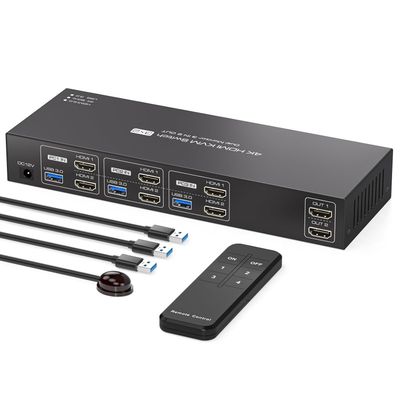 NÖRDIC HDMI KVM-kytkin 3 tietokonetta 2 näyttöä 4K60Hz EDID 4 USB 3.0-porttia kaukosäätimellä