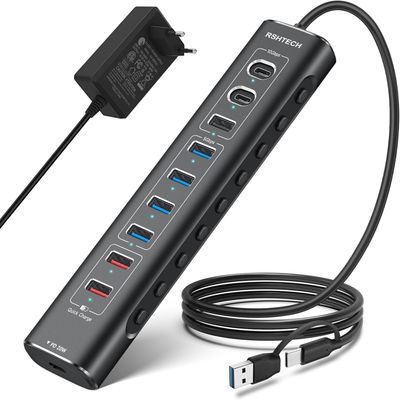 NÖRDIC Powered 10-ports USB-C & A Hub, 3x10G USB-A og USB-C USB3.2 GEN2, 4x5G USB-A USB3.2 GEN1, 1xUSB-C 20W PD, 2xUSB-A lading med individuell bryter