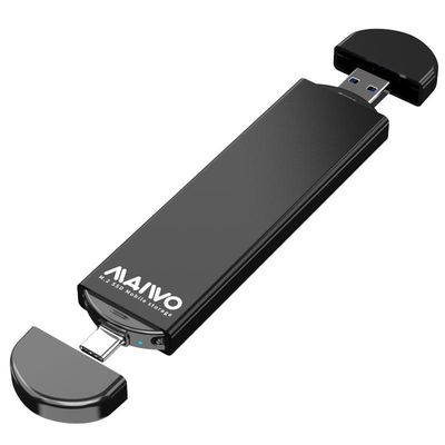 Maiwo K1683L ulkoinen kaappi M.2 SATA SSD–USB A ja USB C, 5 Gb/s, B-Key ja B&M-Key, UASP 2280 2260 2242 2230, alumiinia
