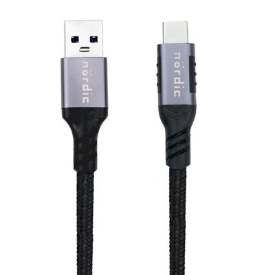 NÖRDIC 1m USB3.2 Gen1 USB-C til A nylonflettkabel hurtiglading 3A 5Gbps Strømforsyning PD 60W