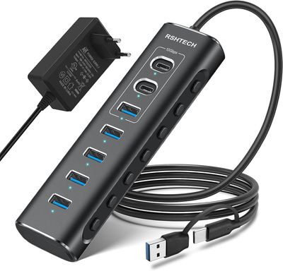 NÖRDIC GEN 3.2 USB-C- ja USB-A-virtalähteellä toimiva Hubb 7-porttia 3x10Gbps 4x5Gbps 1m kaapeli yksittäinen kytkin