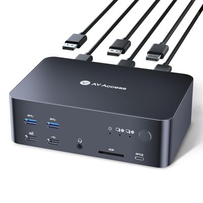 AV Access iDock D23 Telakointiasema ja KVM-kytkin 2–3 DP:stä DP:hen, 8K60Hz, 5x USB-A, 1x USB-C PD, 3,5 mm AUX, SD-korttipaikka ja 1 Gbps ethernet