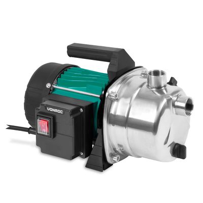 VONROC Trädgårdspump 1000W – Bevattning, 3500L/h, 44m Pumphöjd, Självsugande, IPX4 Skydd
