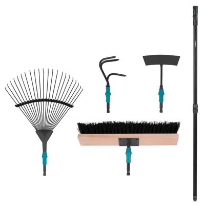 VONROC V-Fix Trädgårdsredskap Set – 4 Verktyg med 130 cm Aluminiumhandtag: Lövkratta, Hacka, Borste och Kultivator