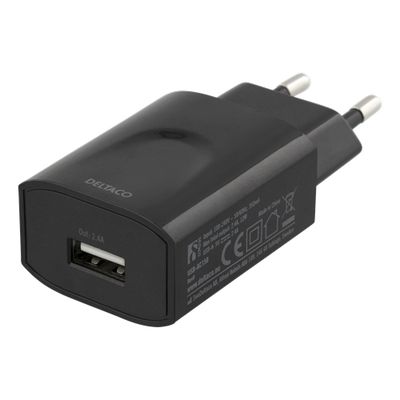 DELTACO väggladdare 100-240 V till 5 V USB, 2,4 A, 12 W, 1x USB-A port, vit påse, svart