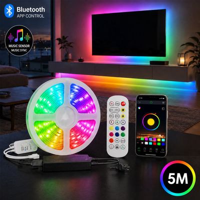 LED Strip lyskæde 5 meter med Bluetooth, Fjernbetjening og Musiksensor