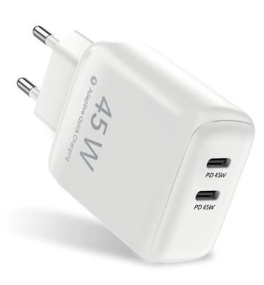 SiGN Dual USB-C PD -laturi 45 W kannettaville tietokoneille ja älypuhelimille - valkoinen