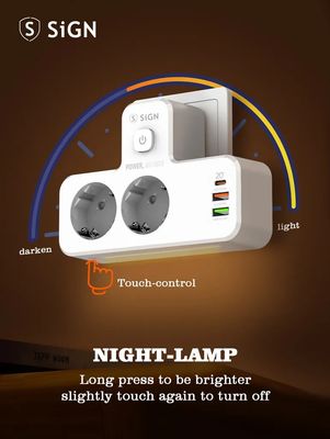 SiGN 20W Stikdåse med LED-natlampe, 2-vejs/2 xUSB-A/1x USB-C - Hvid