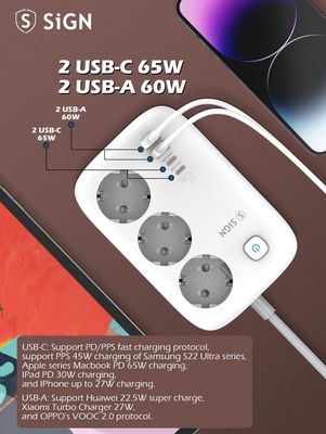 SiGN 65W GaN pikalataava jatkojohto 3-osainen/2x USB-A/2x USB-C, 2m - Valkoinen