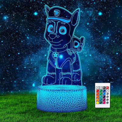 Xcy PAW Chase yövalo lapset, 3D led-pöytä sängyn vieressä anime-lamppu, kosketuslamppu 16 värin vaihdolla ja kaukosäädin makuuhuoneen sisustamiseen...