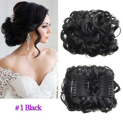 Scrunchie Elegant Skønhed Hair Bun Chignon To Plastic Comb Wave krøllet syntetisk hår nem brug Sort