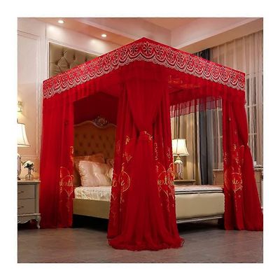 Katosmainen hyttysverkko palatsikirjonnalla king- tai queen-size-vuoteeseen, romanttinen punainen makuuhuoneen sisustus (180x220x200cm)
