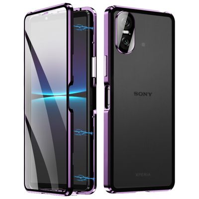Sony Xperia 10 VI karkaistu lasikotelo metallikehys kirkas PC takana magneettinen puhelimen kansi - violetti Monivärinen Purple