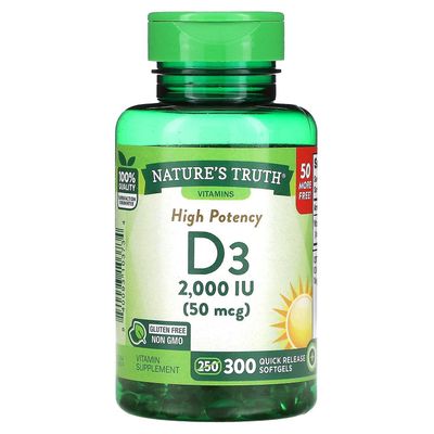 Nature's Truth Luonnon totuus, voimakas D3-vitamiini, 50 mcg (2,000 IU), 300 nopeasti vapautuvaa pehmeää geeliä
