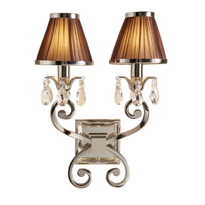 Interiors 1900 Lighting Oksana 2 Lys Indendørs Twin Candle Wall Light poleret nikkel plade med chokolade nuancer, E14