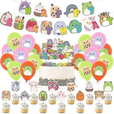 Squish Mallows -syntymäpäiväkoristeet, Squish Mallows -juhlatarvikkeet sisältävät syntymäpäiväbannerin, kakunpäällisen, squish-malvapallot, juhlako...