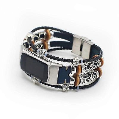 Muodikas Design Decoration Nahkapunottu kellon ranneke Fitbit Charge 6/5 Midnight Blue