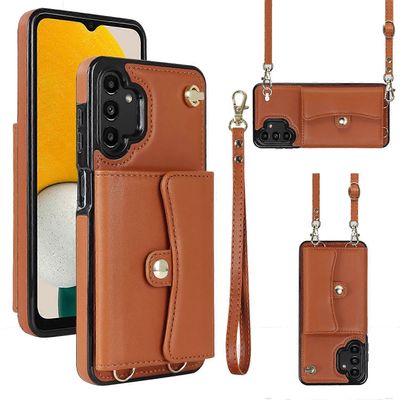 Samsung Galaxy A13 4G / 5G RFID-korttipaikka nahkainen puhelinkotelo pitkällä kaulanauhalla Ruskea