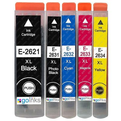 Go Inks 1 5 mustekasettia Epson T2636 (26XL Series) -yhteensopivan/muun kuin OEM-laitevalmistajan tilalle Go Inksistä (5 mustetta) Musta/Valokuva M...