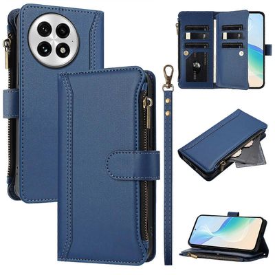Foxdock Kotelo OnePlus 13 Premium Leather Zipper Pocket -lompakkokotelolle, jossa on 9 korttipaikkaa ja irrotettava rannehihna Tummansininen