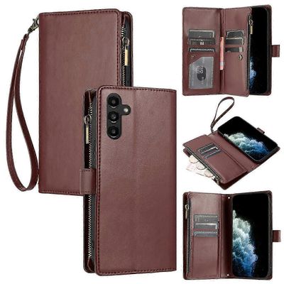 Galaxy A34 5G PU Nahkakotelo Flip Wallet Design ja vetoketju Yhteensopiva Galaxy A34 5G Kuoren kanssa Ruskea