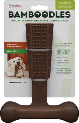 Pet Trade Innovations Bamboodles T-Bone Chew Toy koirille - keskikokoinen 6" naudanlihan maku