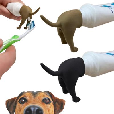 Frusde Pooping Dog Butt Tannkrem Topper, Pooping Tannkrem Cap, Baby tannkrem Dispenser, Funny Gadgets Gift For Family Brun og svart