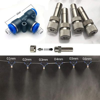 Colorans 5pcs tåke tåke dyse med 6mm tee rask tilkobling hagevann vanning Nozzles 0.1mm