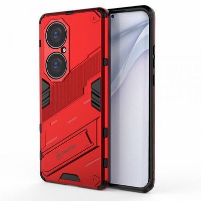 Sitabo Iskunkestävä hybridi-TPU-kotelo taitettavalla punaisella jalustalla Huawei P50 Prolle