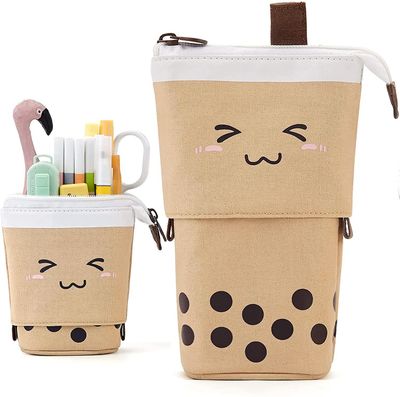 Linkrunning Sød penalhus stående penneholder teleskopisk makeuppose pop up kosmetiktaske med Kawaii Smile Face Papirvarer etui kontor (brun)