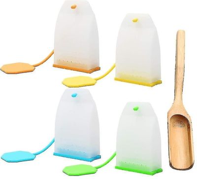 4 pack silikon te infuser, gjenbrukbar løs blad te poser sil sett tefilter med skje, 4 farger