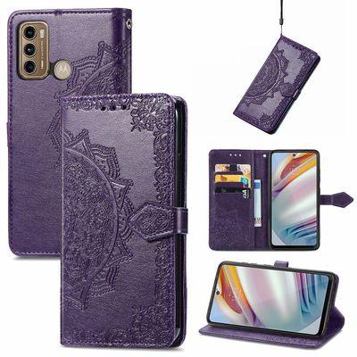 Etui til Motorola Moto G60 Cover Læder Tegnebog Cover Prægning Mandala Magnetisk Flip Protection Stødsikker - Violet