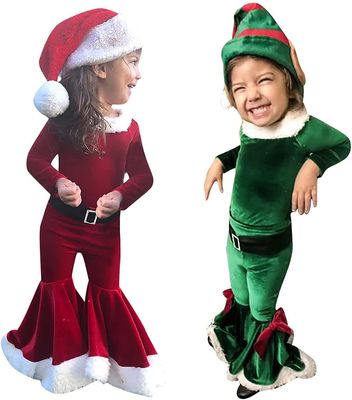 Kissqiqi Baby Girl juletøj Sæt, Langærmet Bodysuit Velvet Santa Claus Kostume Grøn 140cm