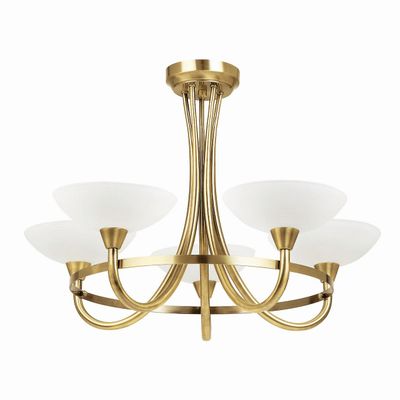Endon Collection Lighting Cagney 5 Light Semi Flush Multi Arm Loft Light Antikke Messing, Hvidt Glas, G9