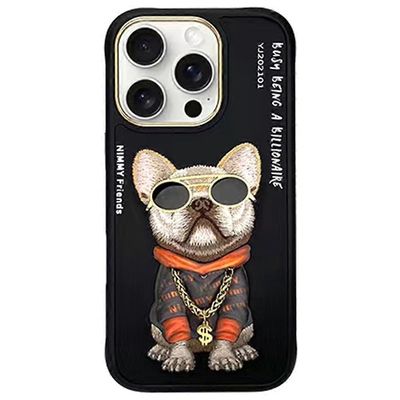 NIMMY iPhone 16 Pro -kotelon kirjonnalle PU-nahka + PC + TPU-puhelimen kansi - musta mopsi koira Monivärinen Black Pug Dog