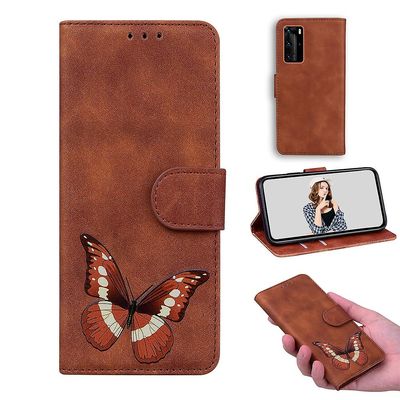 Etui til Huawei P40 Pro Butterfly Cover Premium Læder Magnetisk- Pink Brown