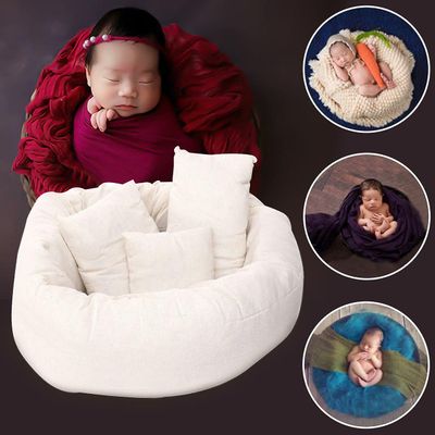 4stk/sæt Nyfødt Fotografering Kurv Fyldstof Hvede Doughnut Posering Rekvisitter 0-6 måneder Baby Puder Indre Silke Tandtråd Ydre Lærred