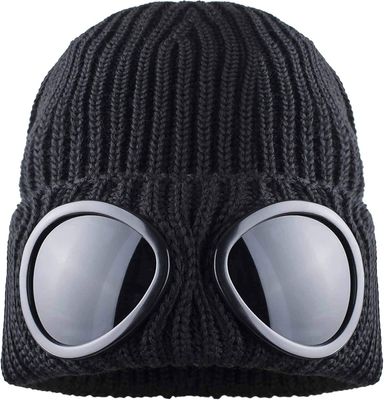 Roibon Goggle Hat, mössa stil med ribbad stickad manschett för vintern - Unisex Black