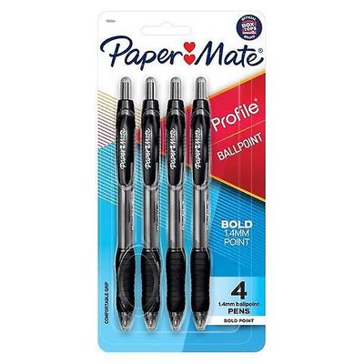 Papermate Paper Mate -profiilin sisäänvedettävät kuulakärkikynät, 1,4 mm: n lihavoitu piste, musta, 4 laskua