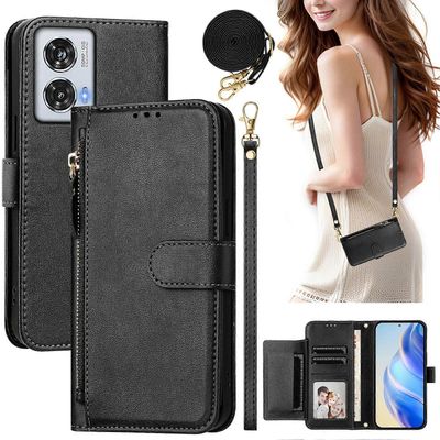 Foxdock Läppäkotelo Motorola Edge 50 Fusion Protection Pehmeä PU-nahkainen vetoketjullinen lompakon kansi korttipidikkeellä ja pitkällä hihnalla Musta