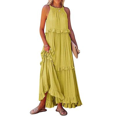 Kissqiqi Women's Halter Neck Sleeveless A Line Dress, Casual Beach Long Dress Gul XL