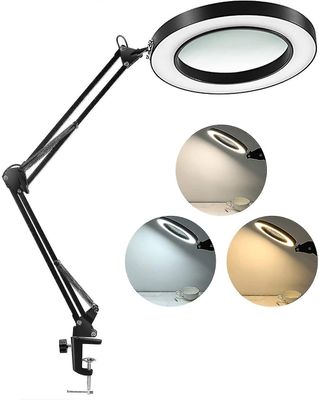 led-suurennuslamppu puristimella, 1,500 lumenia portaaton himmennettävä, 3 väritilaa, 5-diopteri 4.3 todellinen lasilinssi, Musta