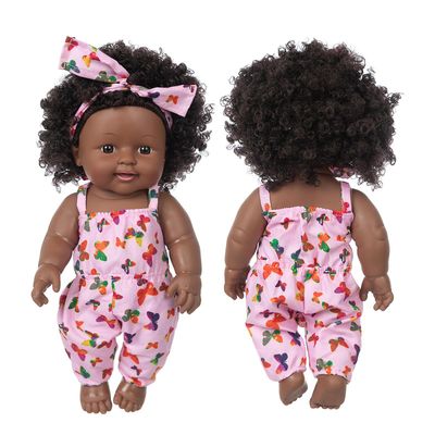 Kuankuanbao Sort hud afrikansk sort baby sød krøllet hår blonde nederdel 12INCH vinyl baby legetøj D