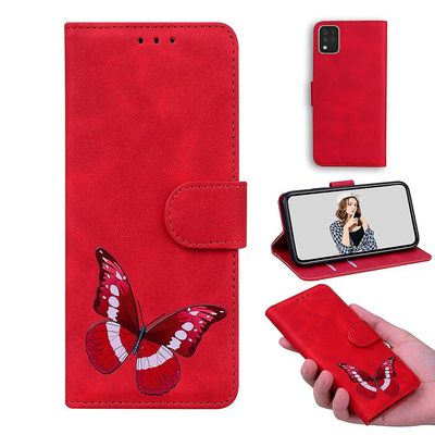 Etui til Lg K42 Butterfly Cover Premium Læder Magnetisk- Pink Rød