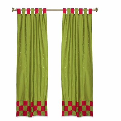 Indian Selections 2 Eklektisk Olive Green indiske Check Sari Gardiner Tab Top gardiner Grøn 36 X 96 Inches (91 X 236 Cms)