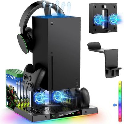 Unbrand RGB-jäähdytysteline ja ohjaimen laturi Xbox Series X: lle, latausasema 15 RGB-valotehosteella, kuulokeripustimella Musta