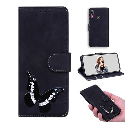 Etui til Motorola Moto E6 Plus Butterfly Cover Premium Læder Magnetisk- Pink Sort