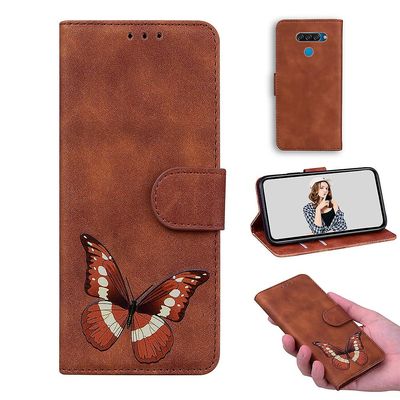 Etui til Lg K50 / Q60 Butterfly Cover Premium Læder Magnetisk- Pink Brown