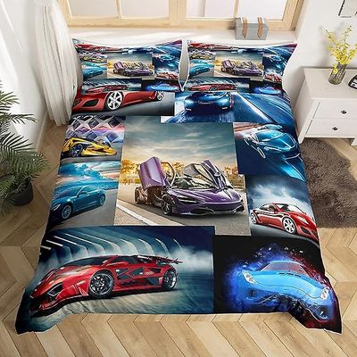 Duvert Cover Set Race Car Comforter Cover Cool Speed Racing Car Mikrofiber sengetøy dynetrekk sett 1 dynetrekk og 1/2 puteskinker Stil E 140x210cm